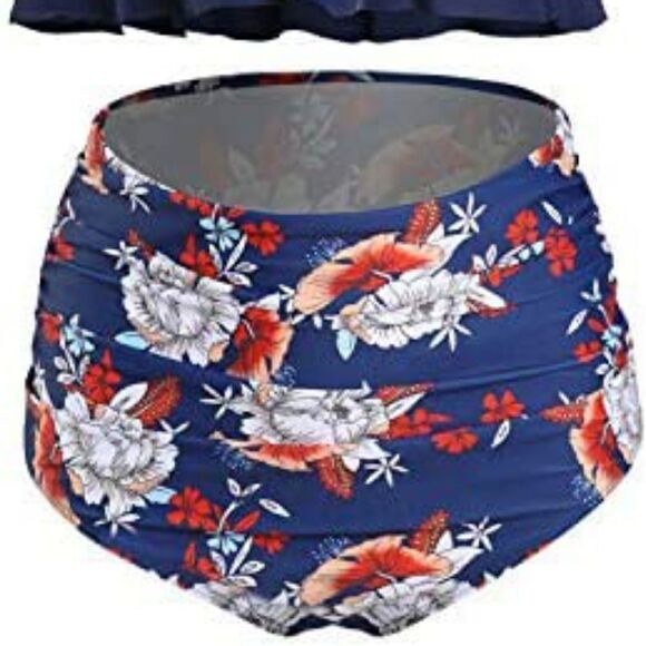 NWT: High Waist Navy & Floral Ruffle Two Piece Bikini - Picture 9 of 11